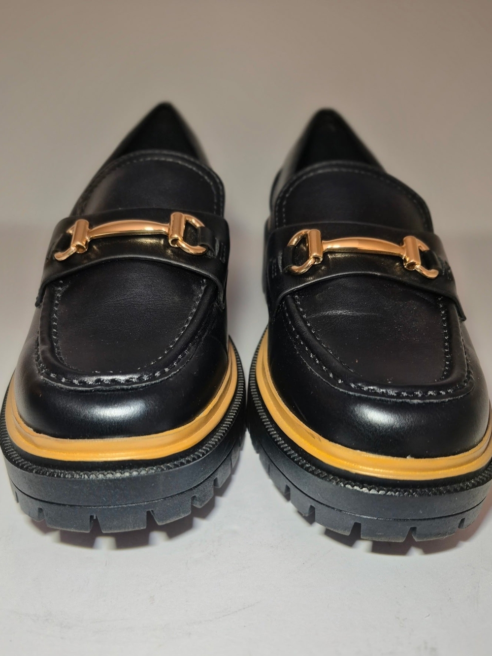Women Black Leather Loafers with Gold Bit Accent